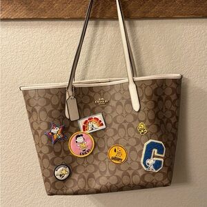 Coach Tan Tote with Snoopy Patches